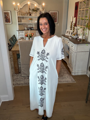 White With Black Embroidery Midi Dress