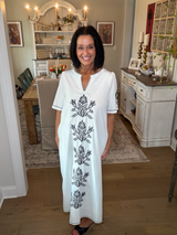 White With Black Embroidery Midi Dress