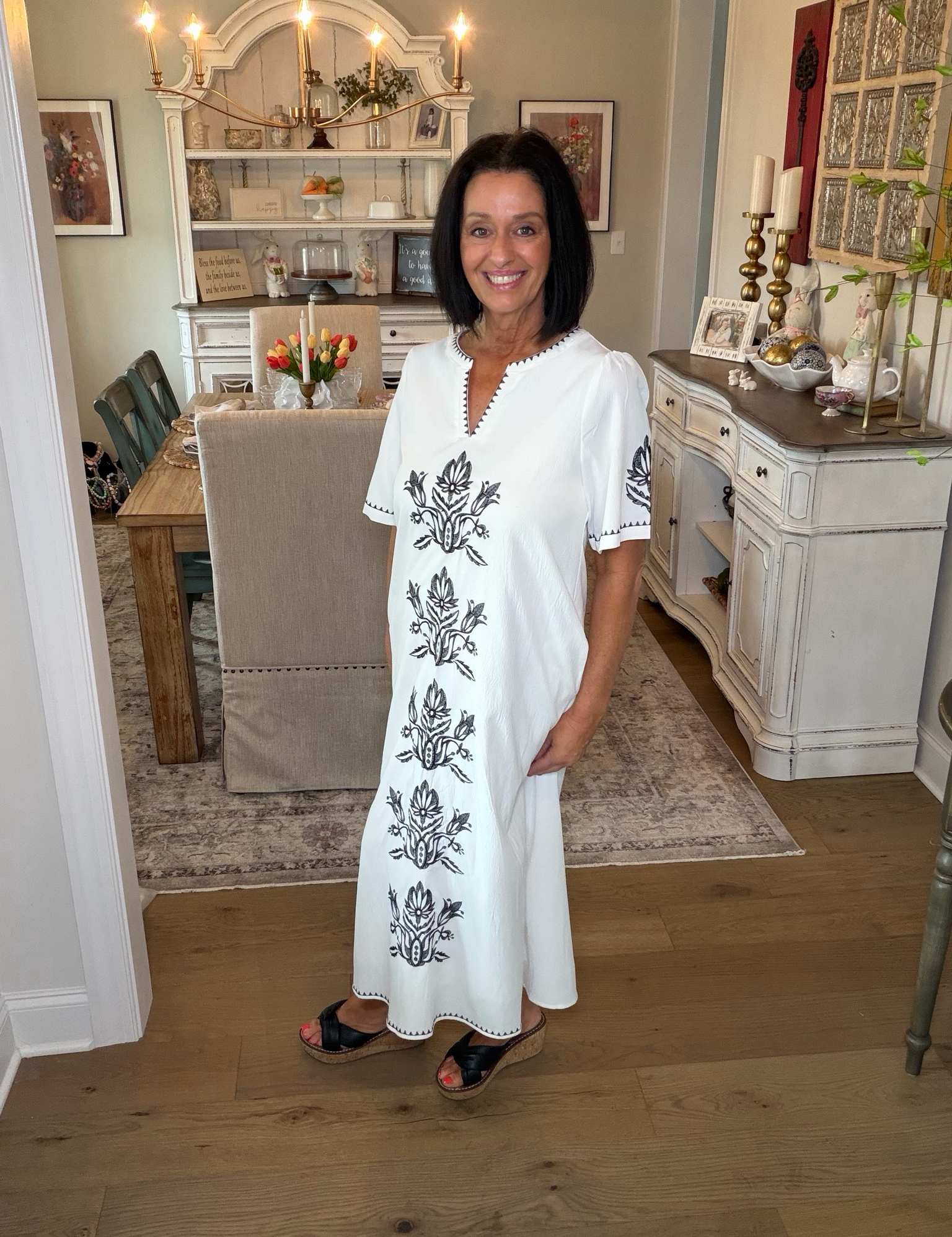 White With Black Embroidery Midi Dress