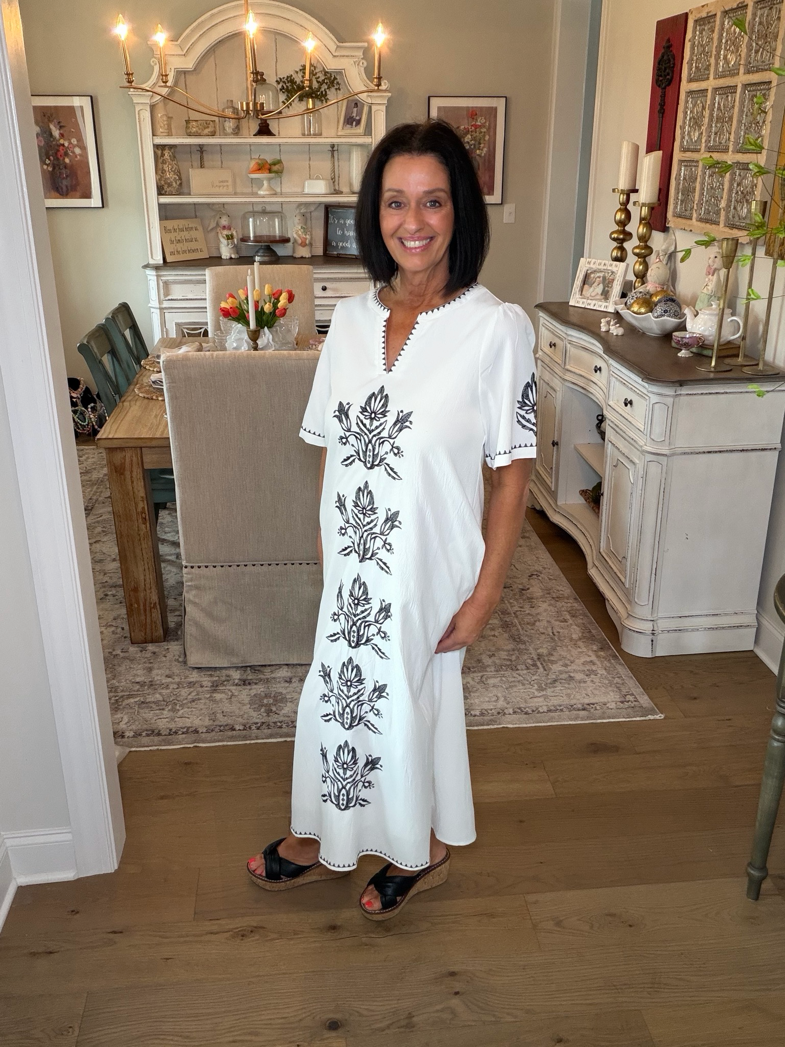 White With Black Embroidery Midi Dress
