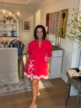 Red/pink Frayed Trim Flower Detail Mini Dress