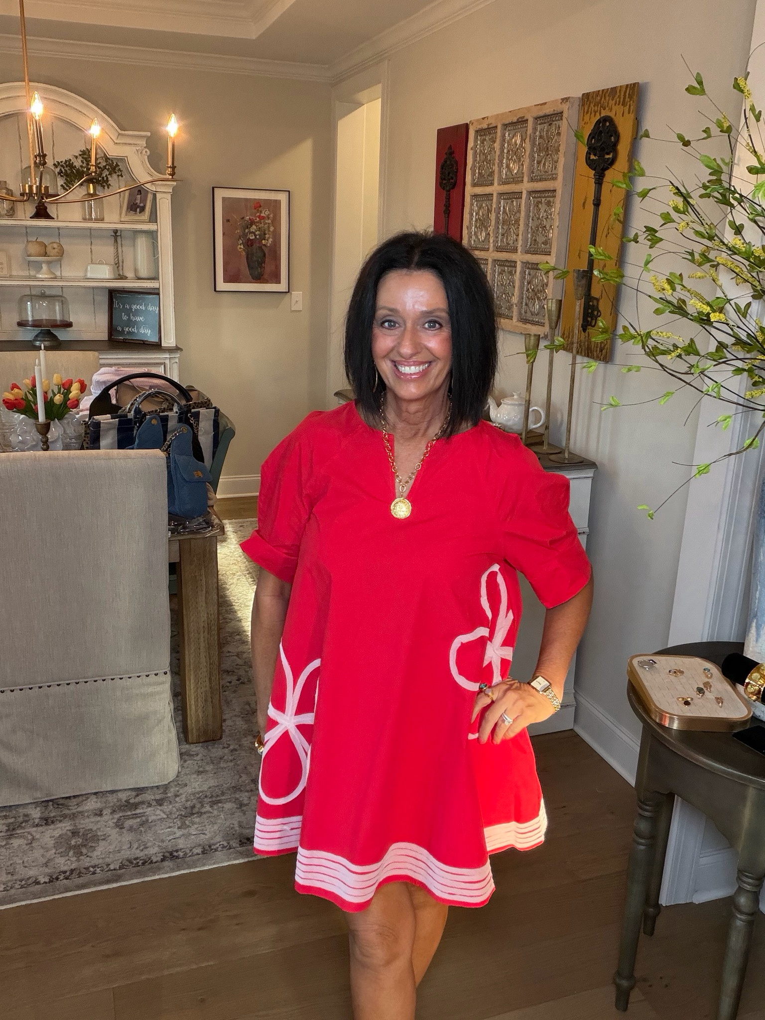 Red/pink Frayed Trim Flower Detail Mini Dress