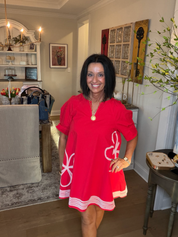 Red/pink Frayed Trim Flower Detail Mini Dress