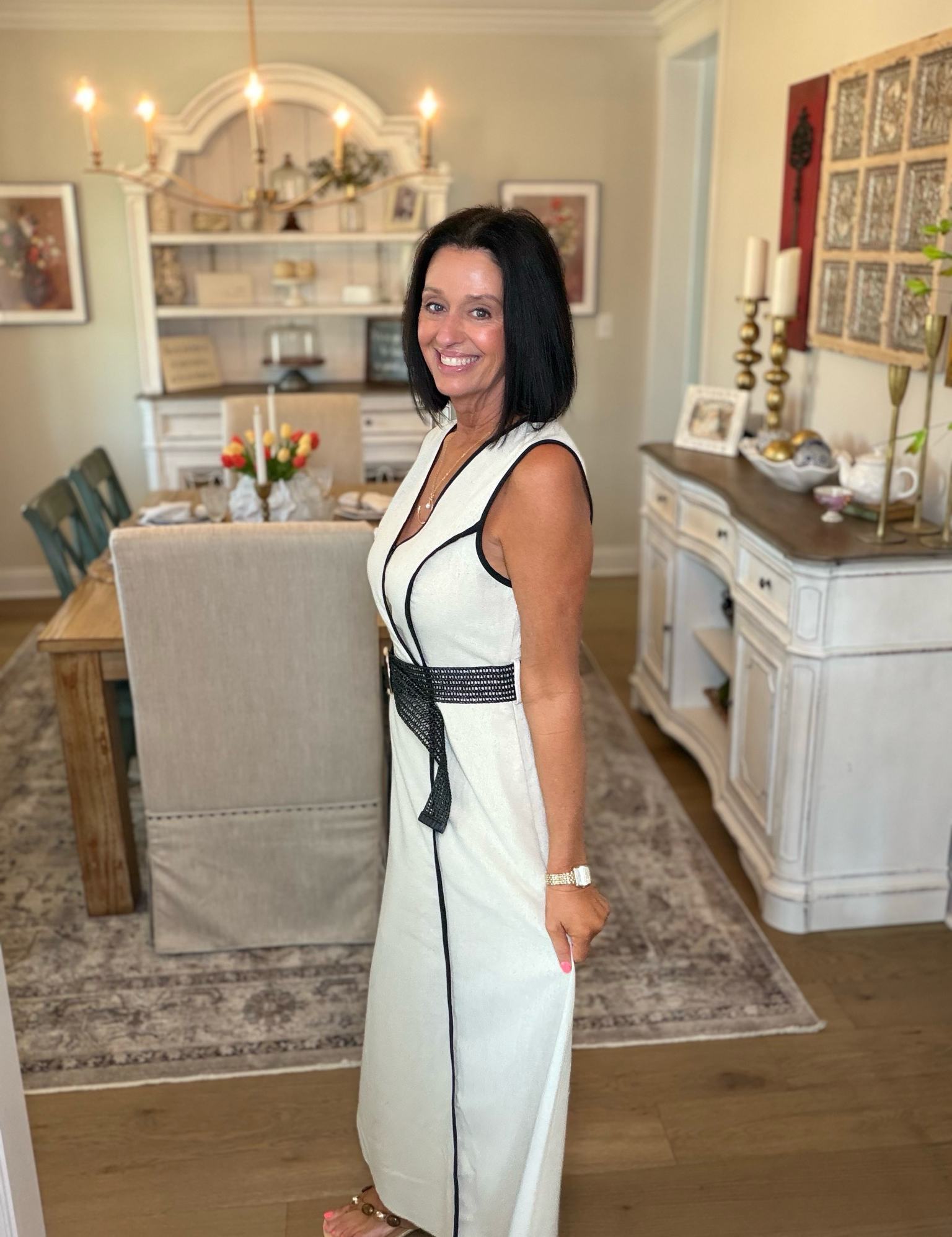 Linen Like Contrast Trim Midi Dress