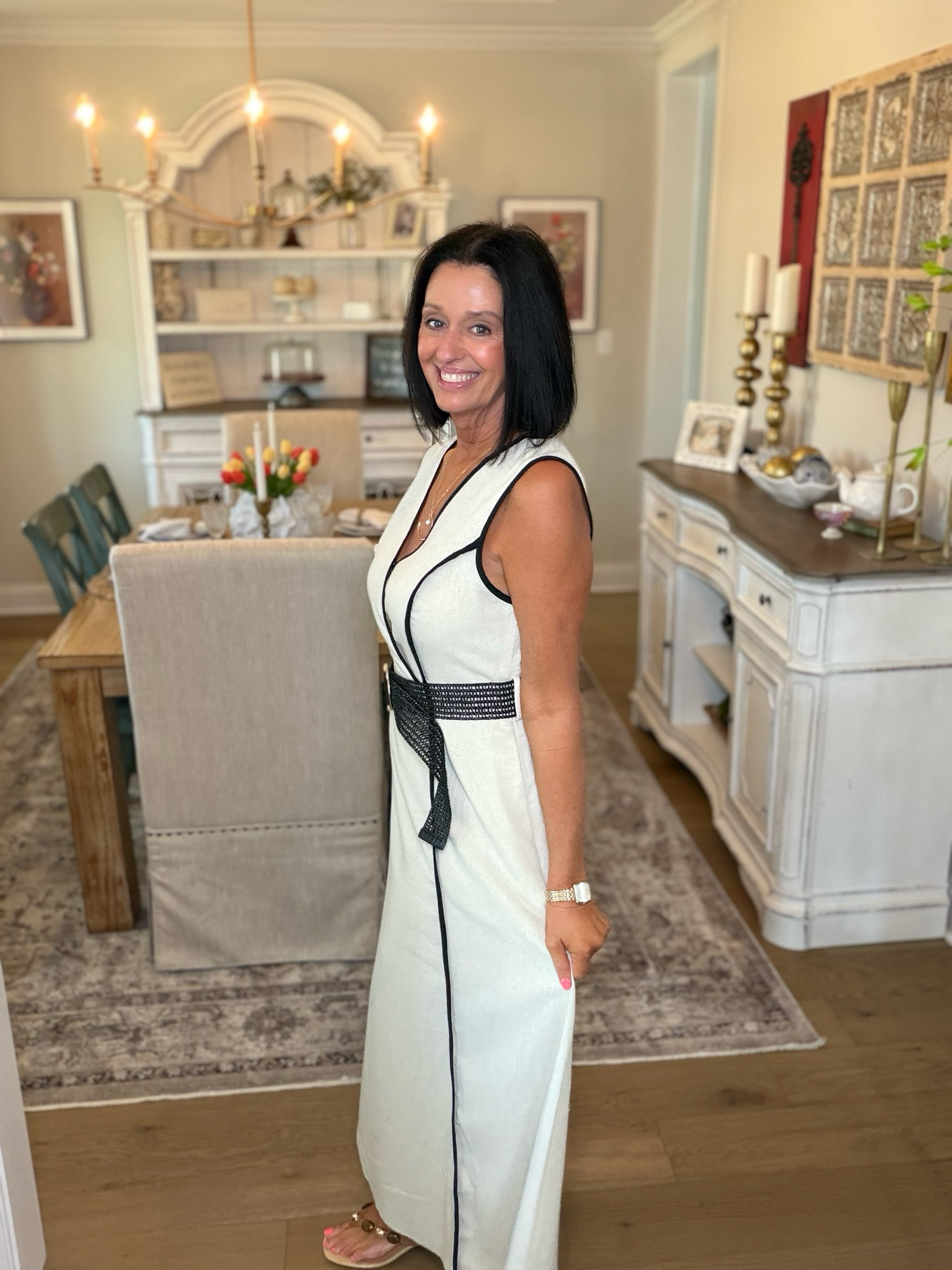 Linen Like Contrast Trim Midi Dress