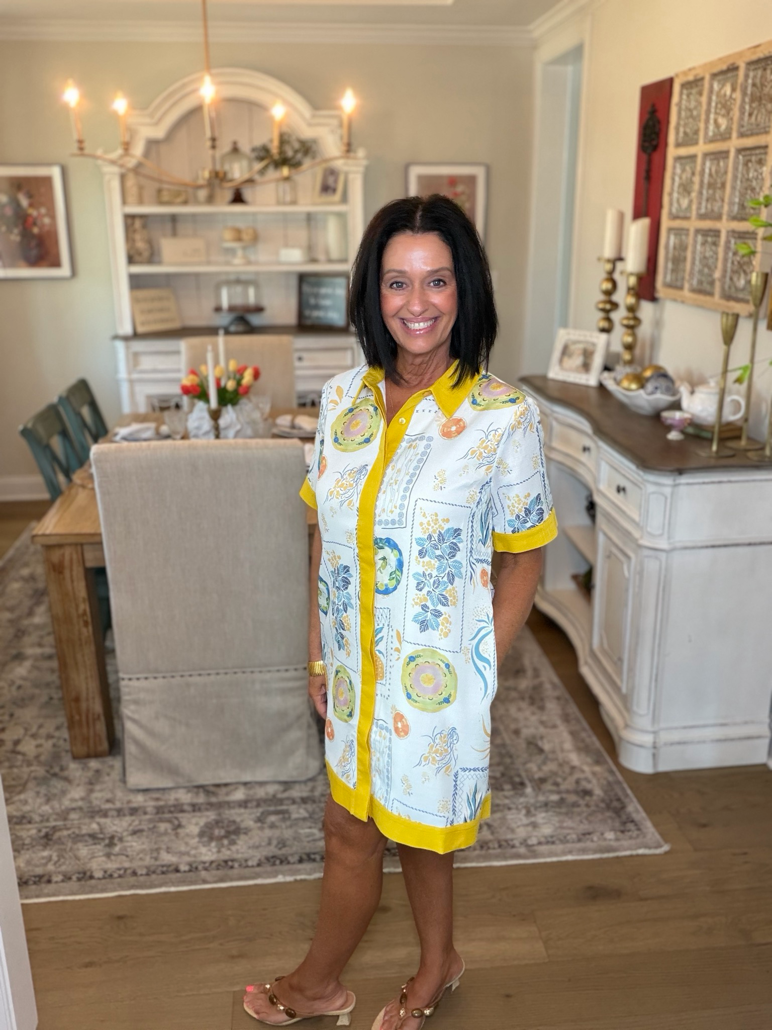 Short Sleeve White Pattern/Mustard Trim Dress