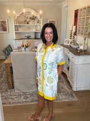 Short Sleeve White Pattern/Mustard Trim Dress