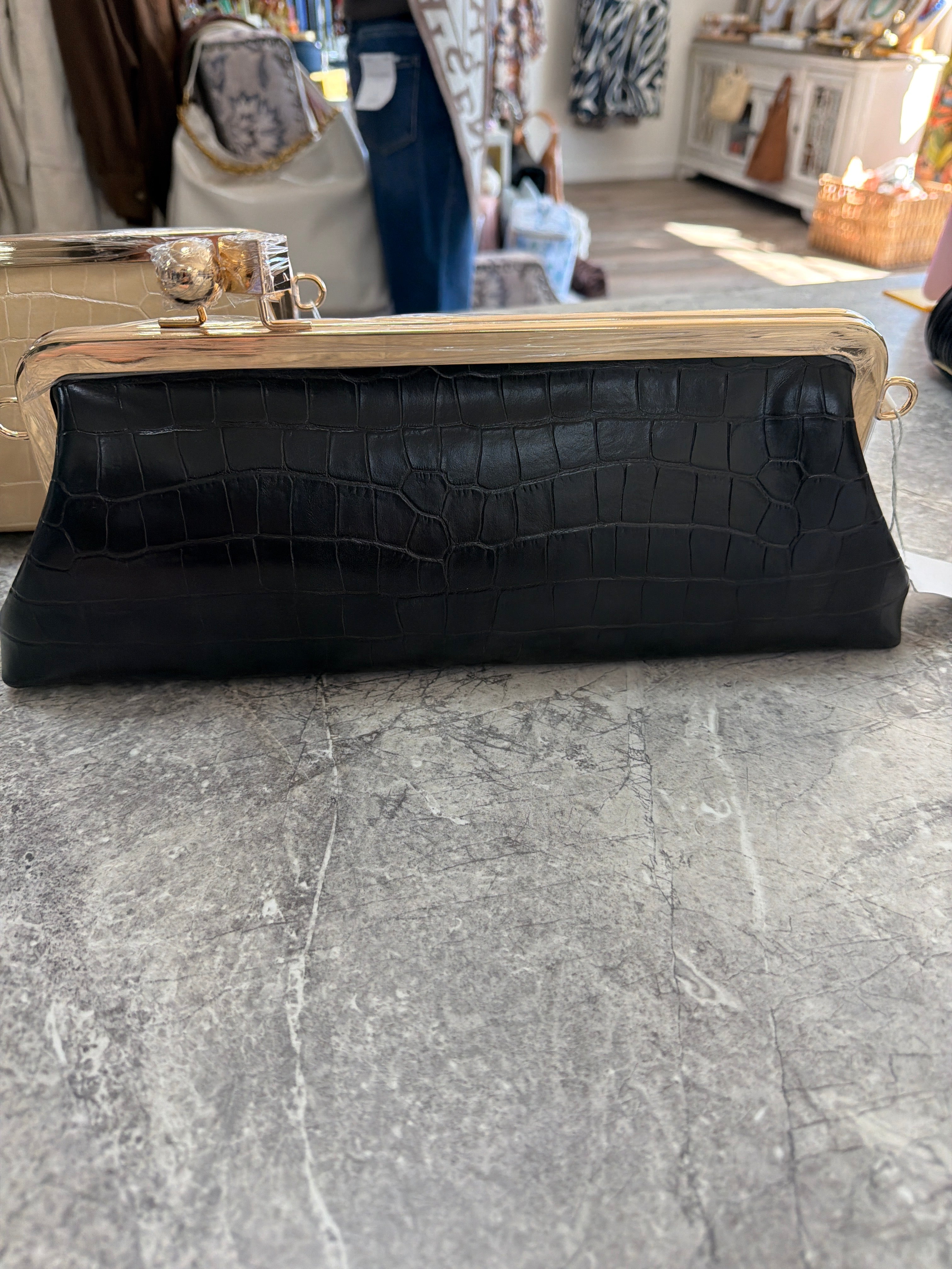 Trapezoid Kiss Lock Crock Clutch Bag