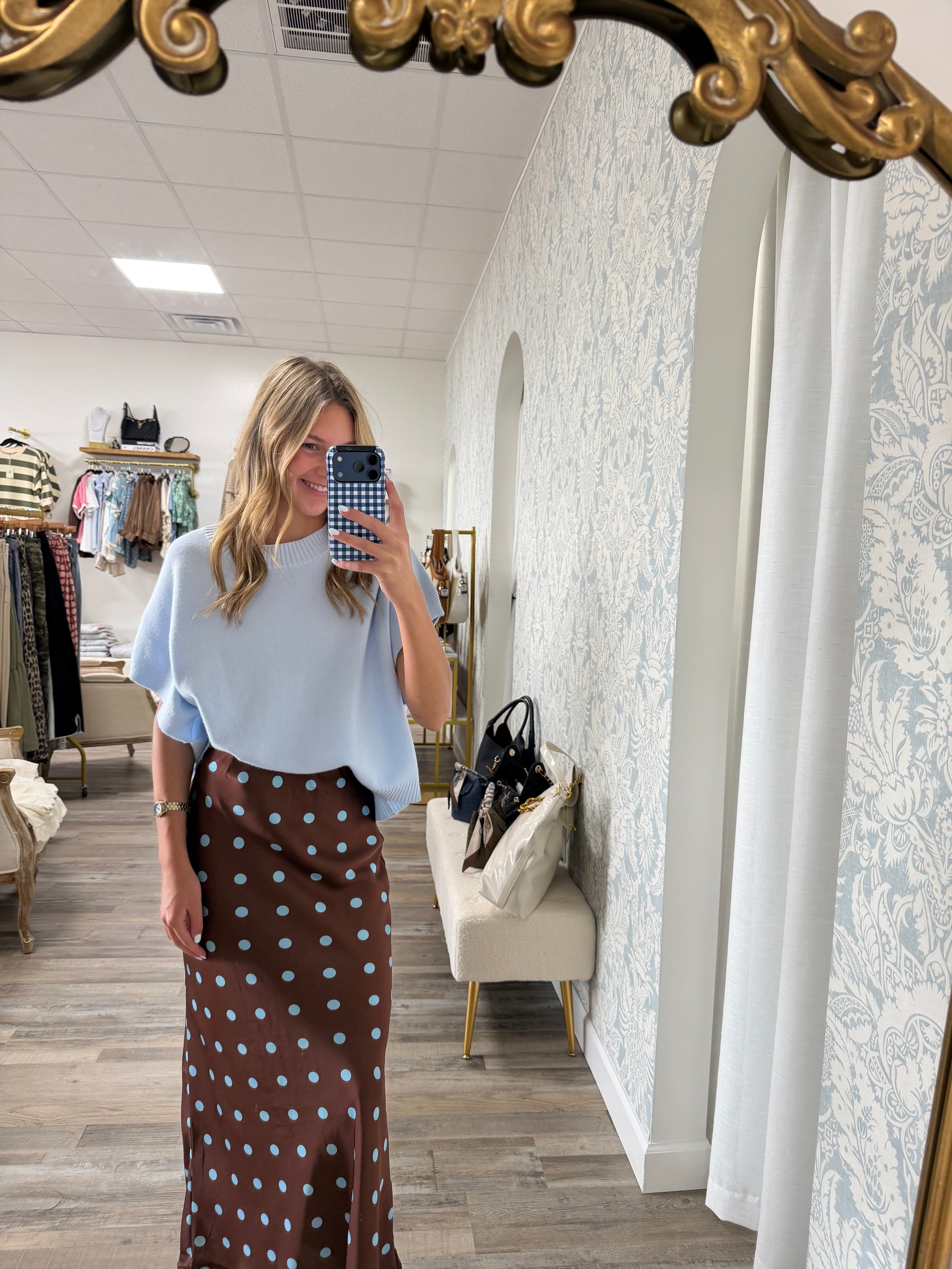 Polka Dot Satin Midi Skirt