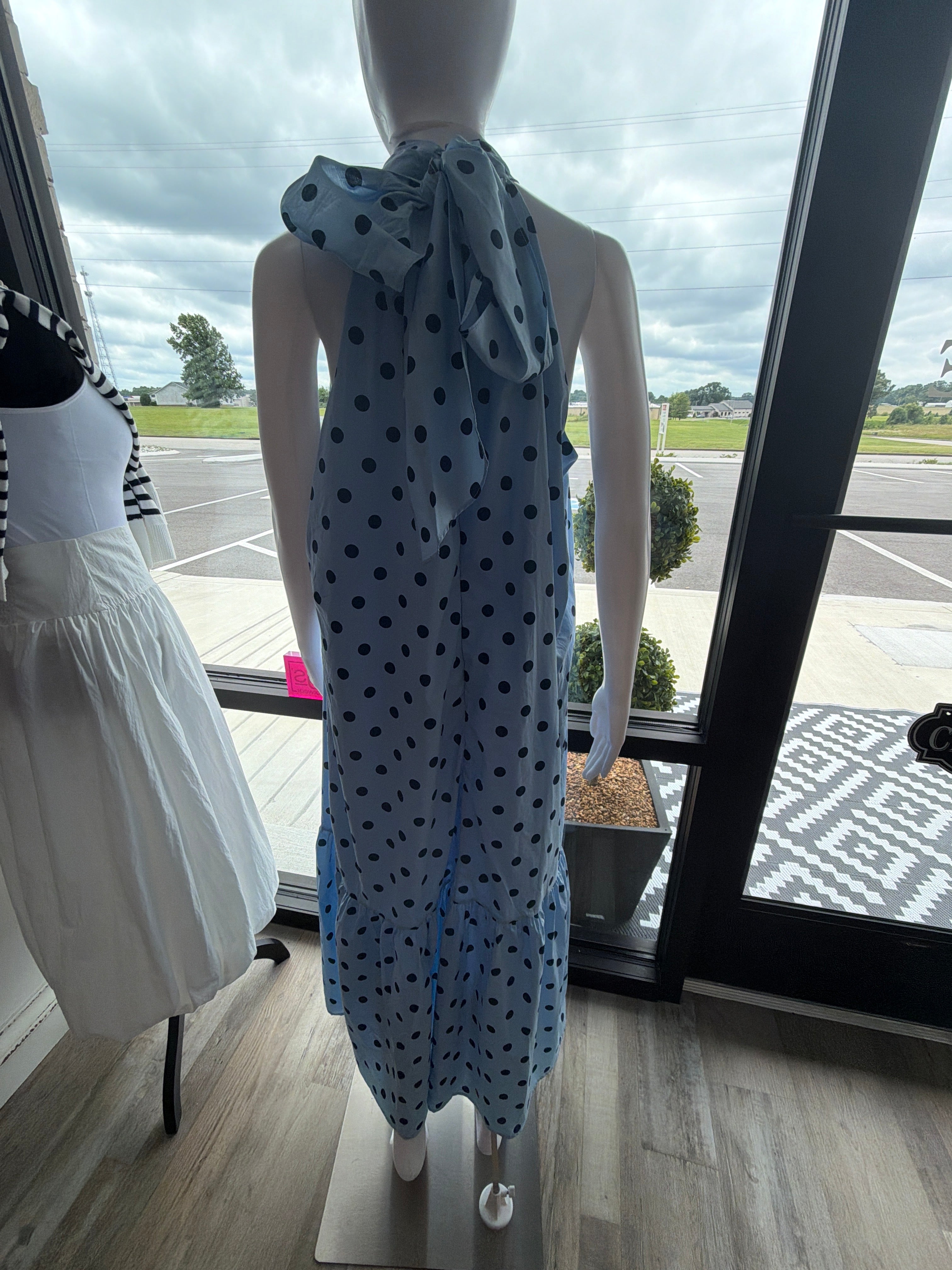 Blue polka dot cotton maxi dress
