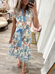 Floral midi pleated tiered dress
