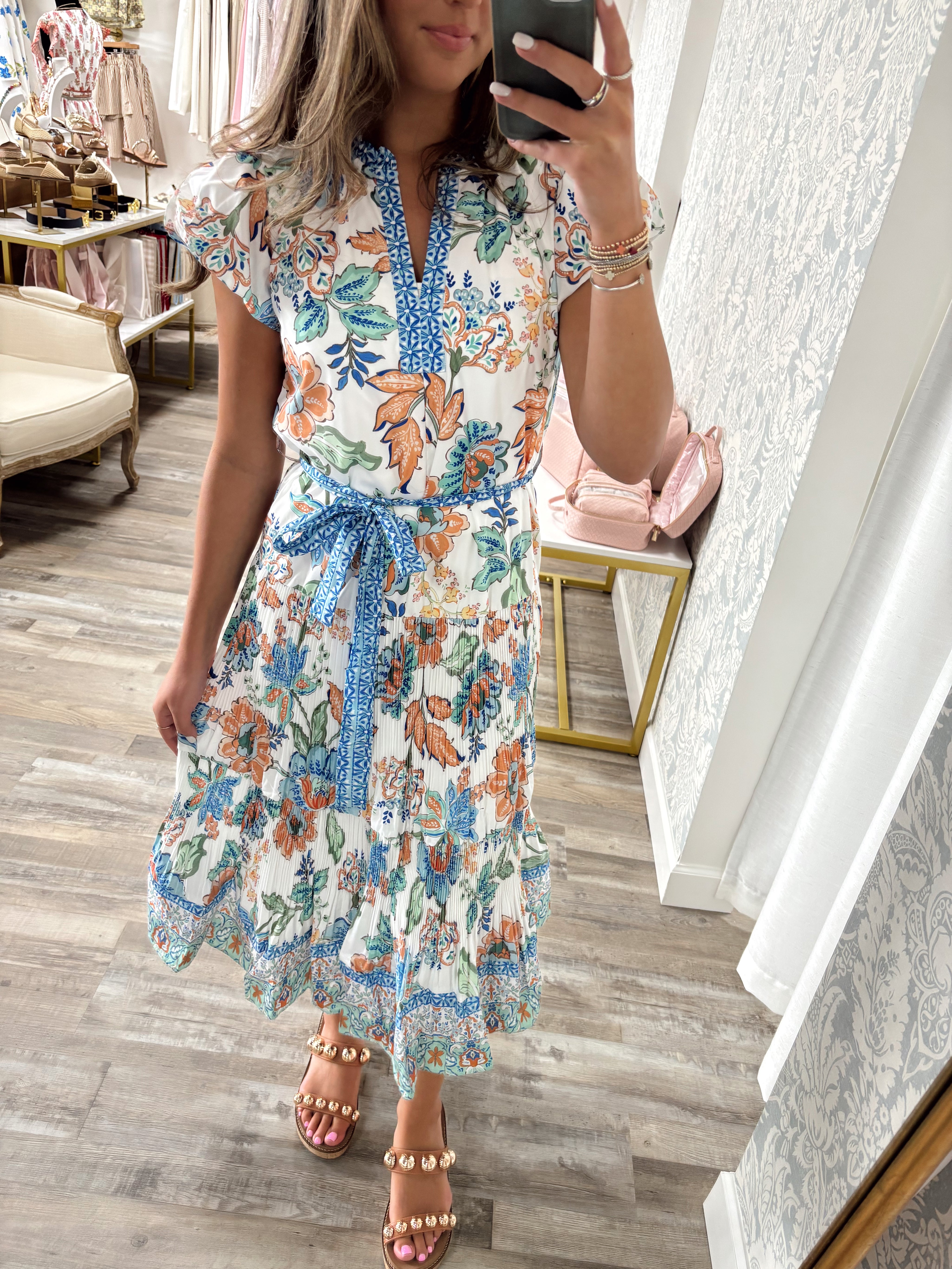 Floral midi pleated tiered dress