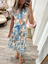 Floral midi pleated tiered dress