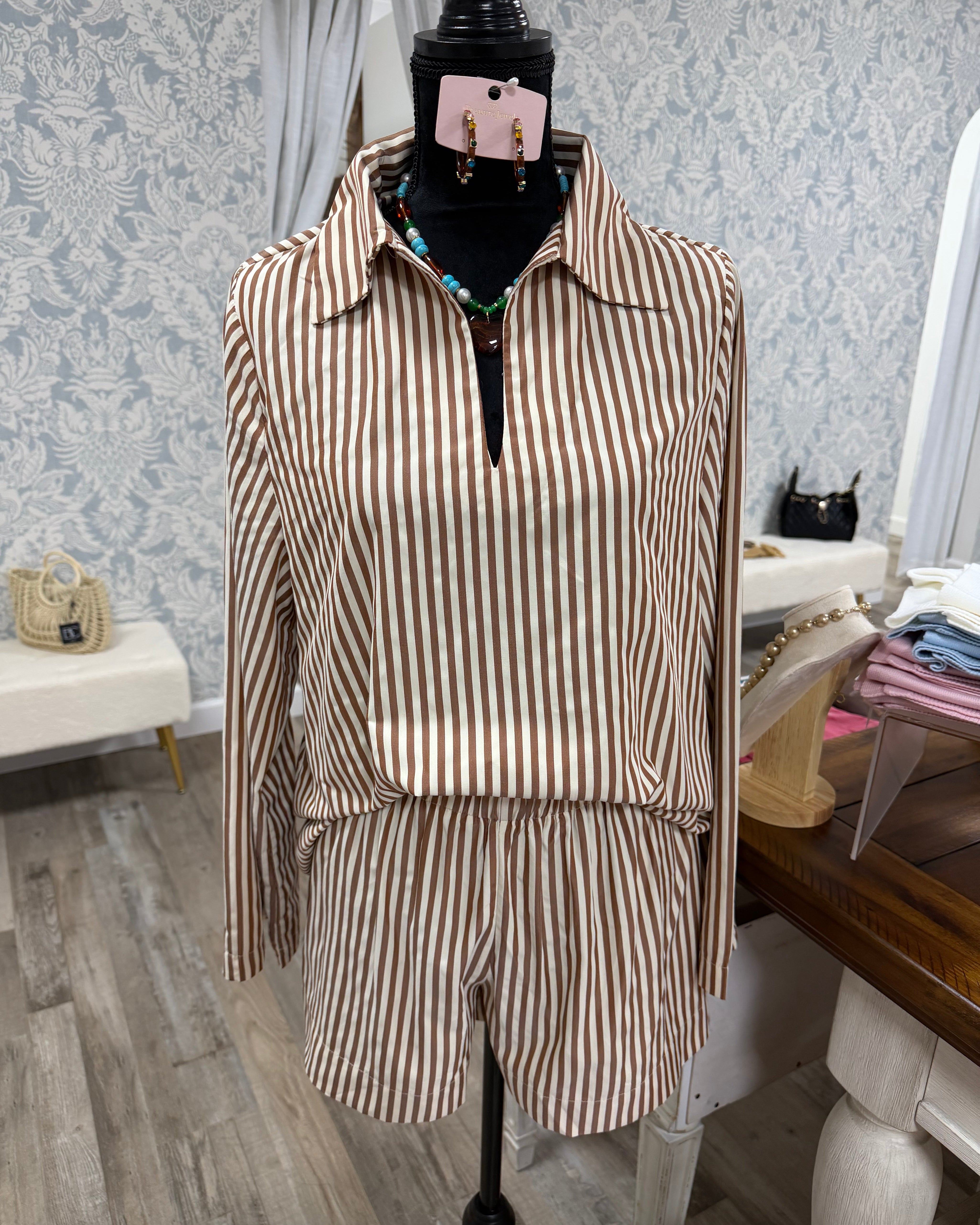 Brown/Cream stripe shorts set