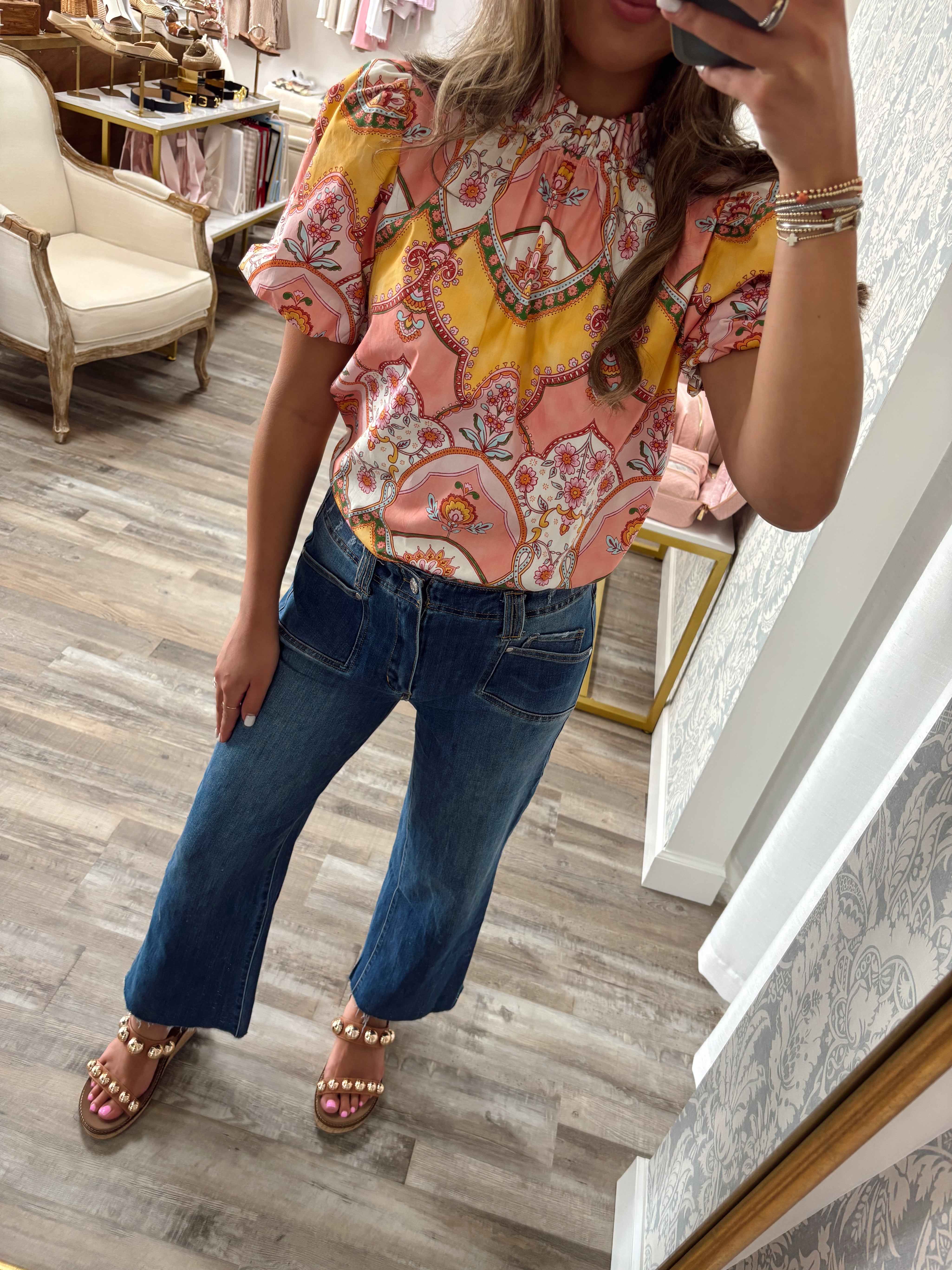 Peach floral ruffled neck top