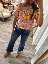Peach floral ruffled neck top