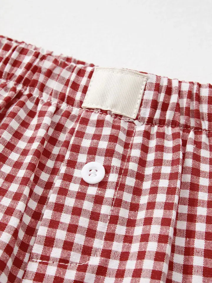 Gingham Print Shorts High Waist Elastic Casual Summer