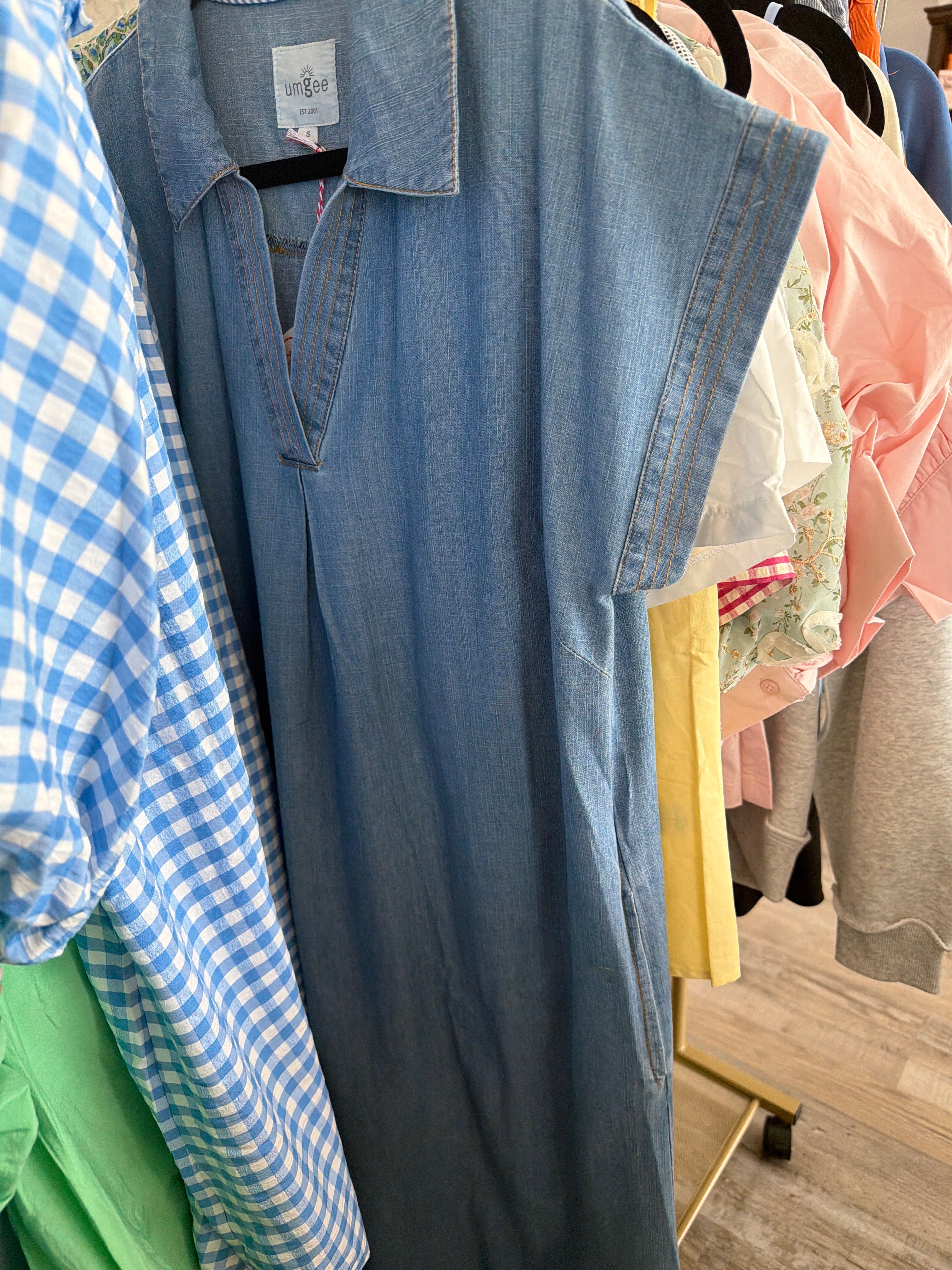 Light denim midi dress distressed hem