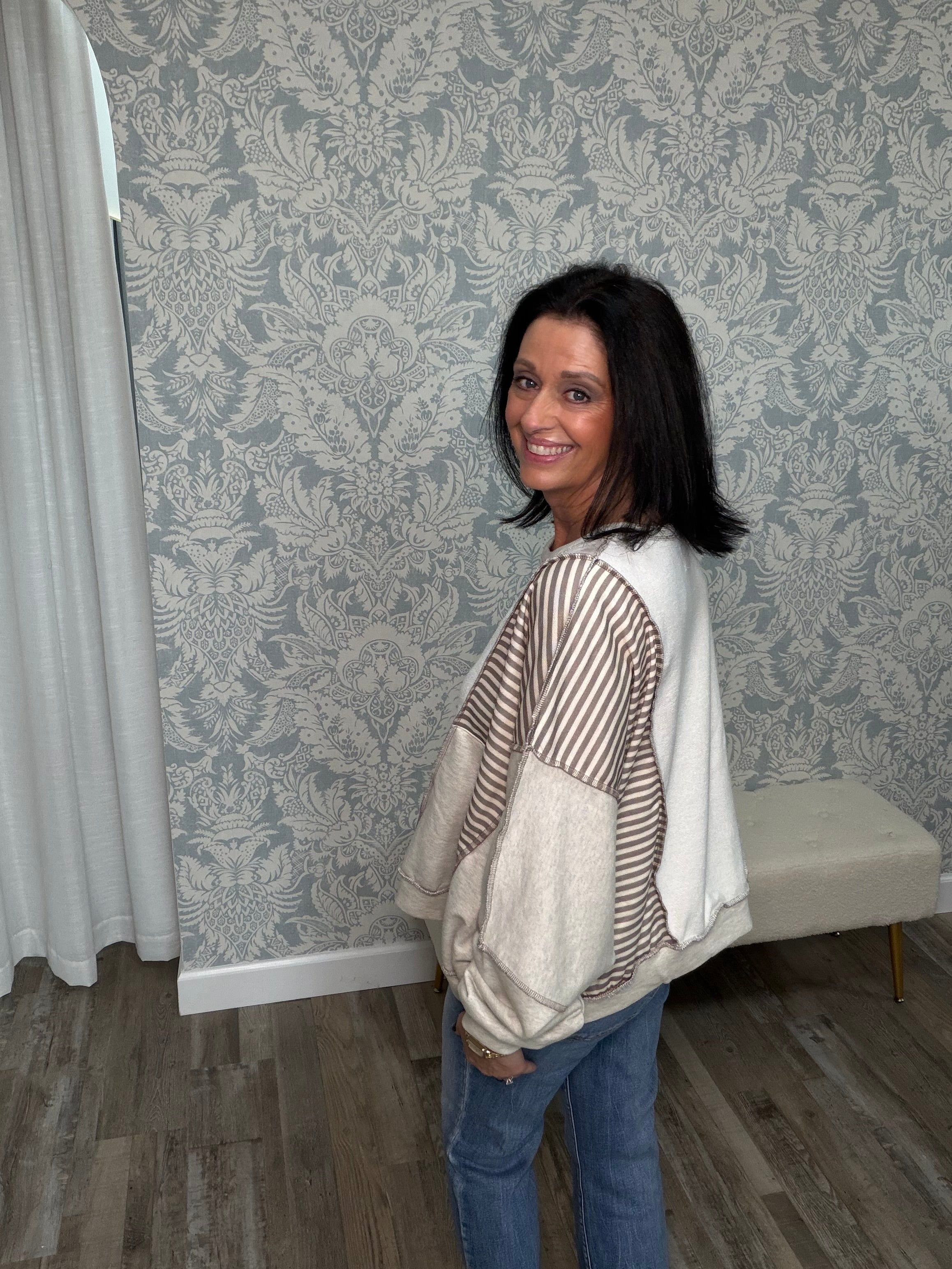 Stripe Patchwork Raw Hem Sweatshirt