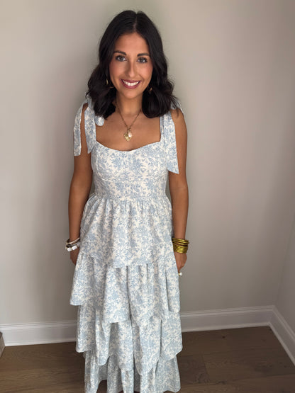 Southern Bell Shoulder Ribbon Strap Tiered Maxi Dress