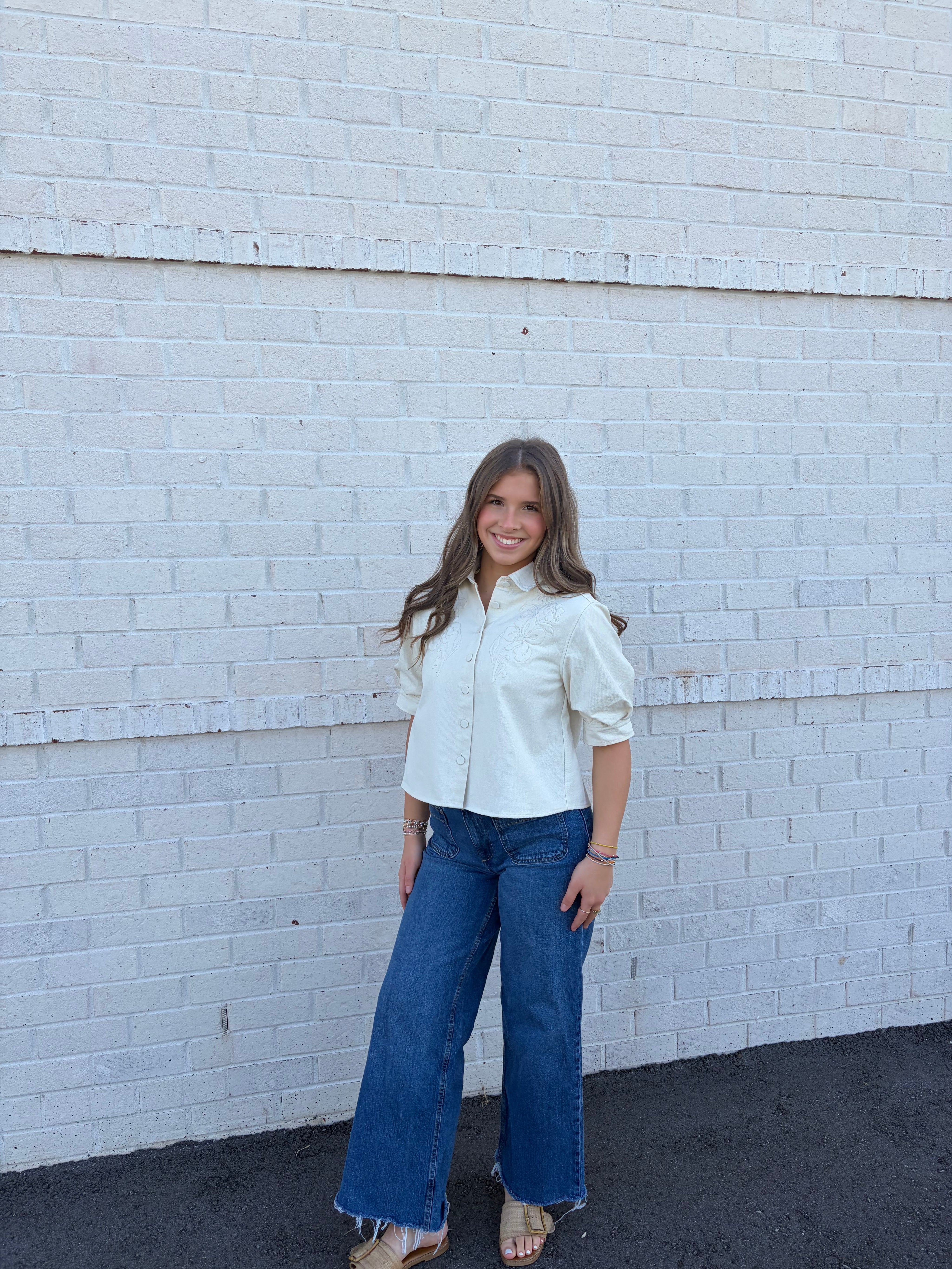 Embroidered Denim Button front Top