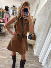 Cognac Suede Belted Dress