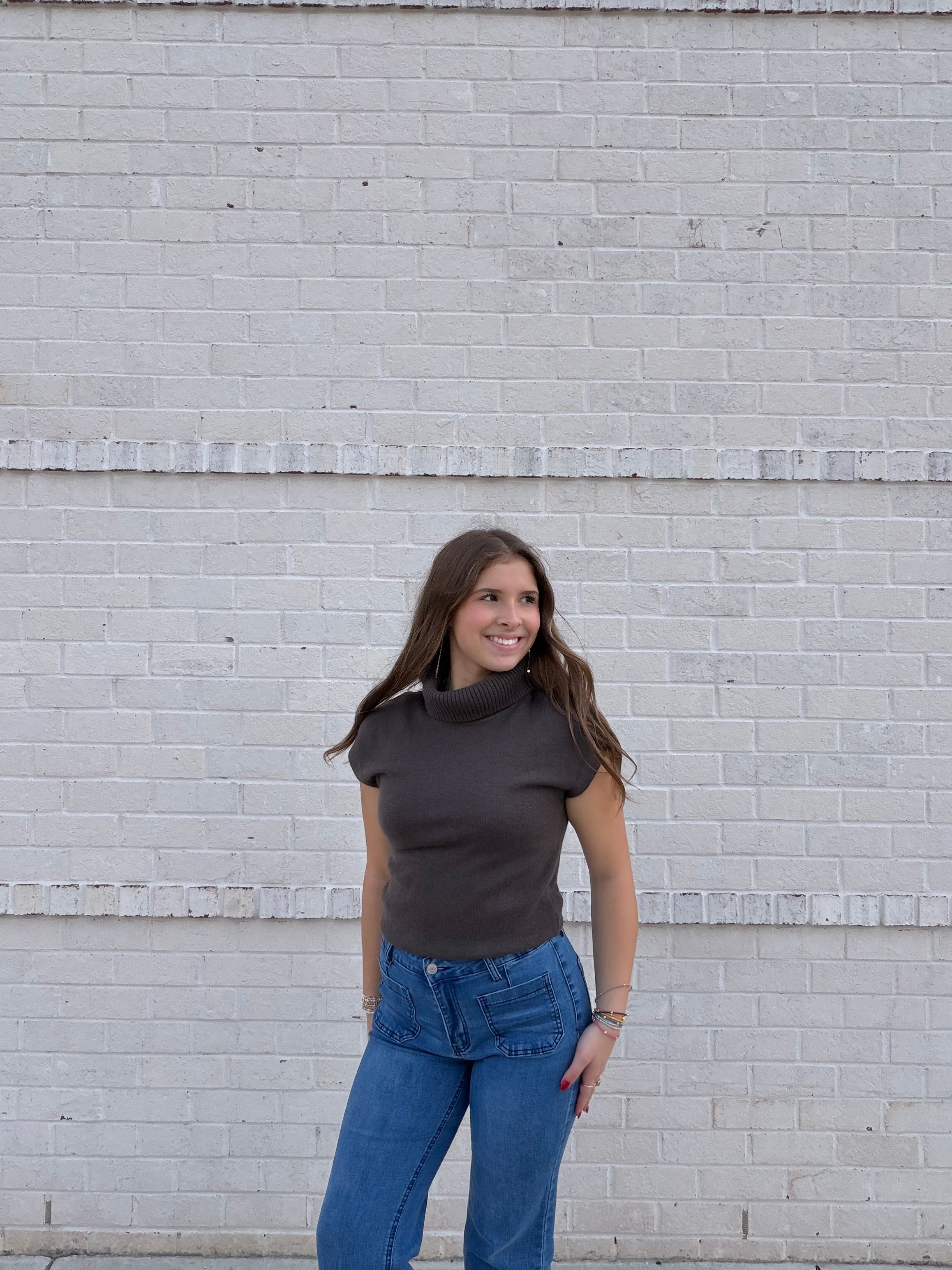 Turtleneck Cap Sleeve Sweater Top