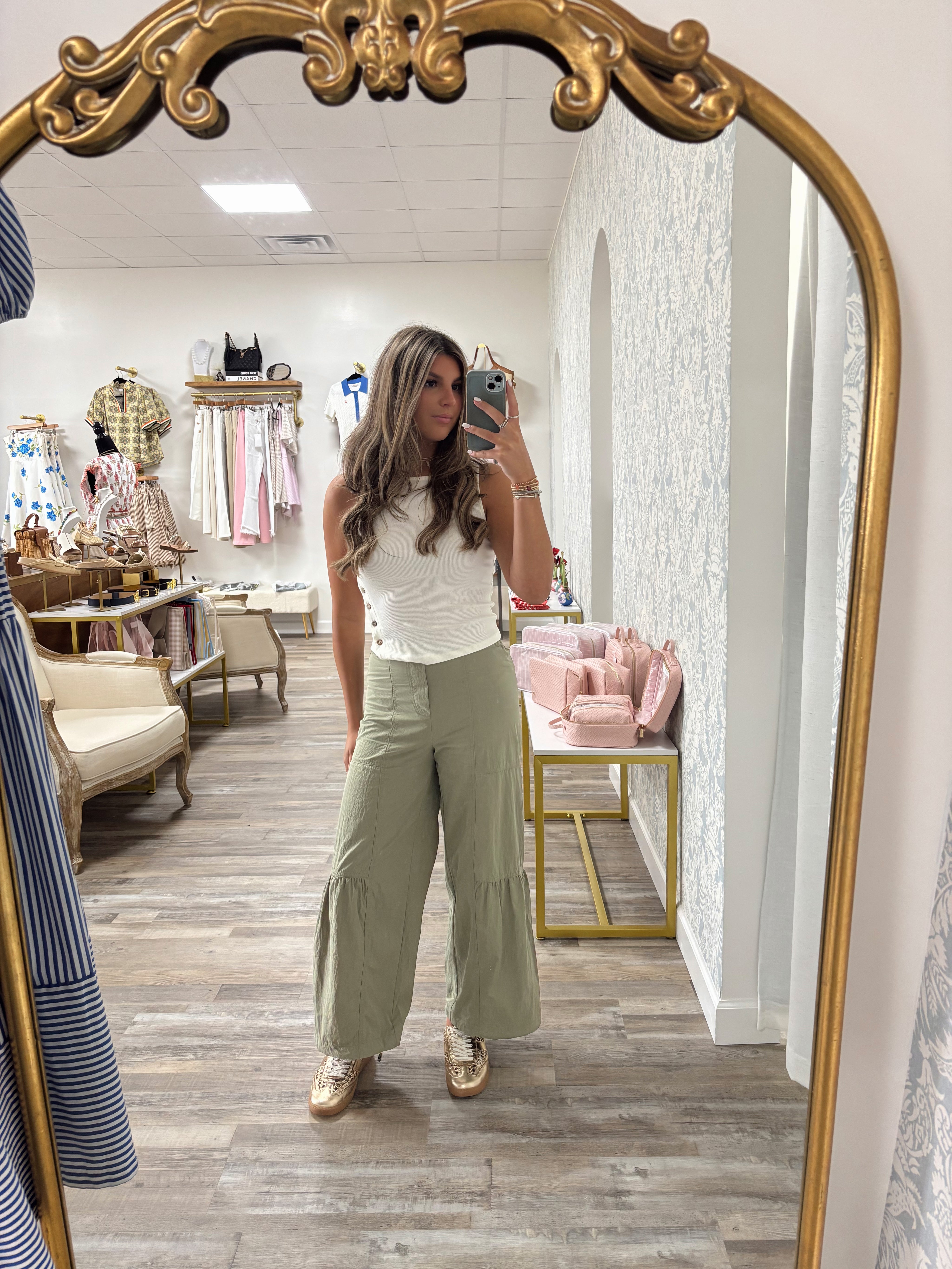 Sage Green Tiered full length pants with adjustable drawstring