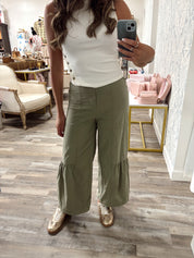 Sage Green Tiered full length pants with adjustable drawstring
