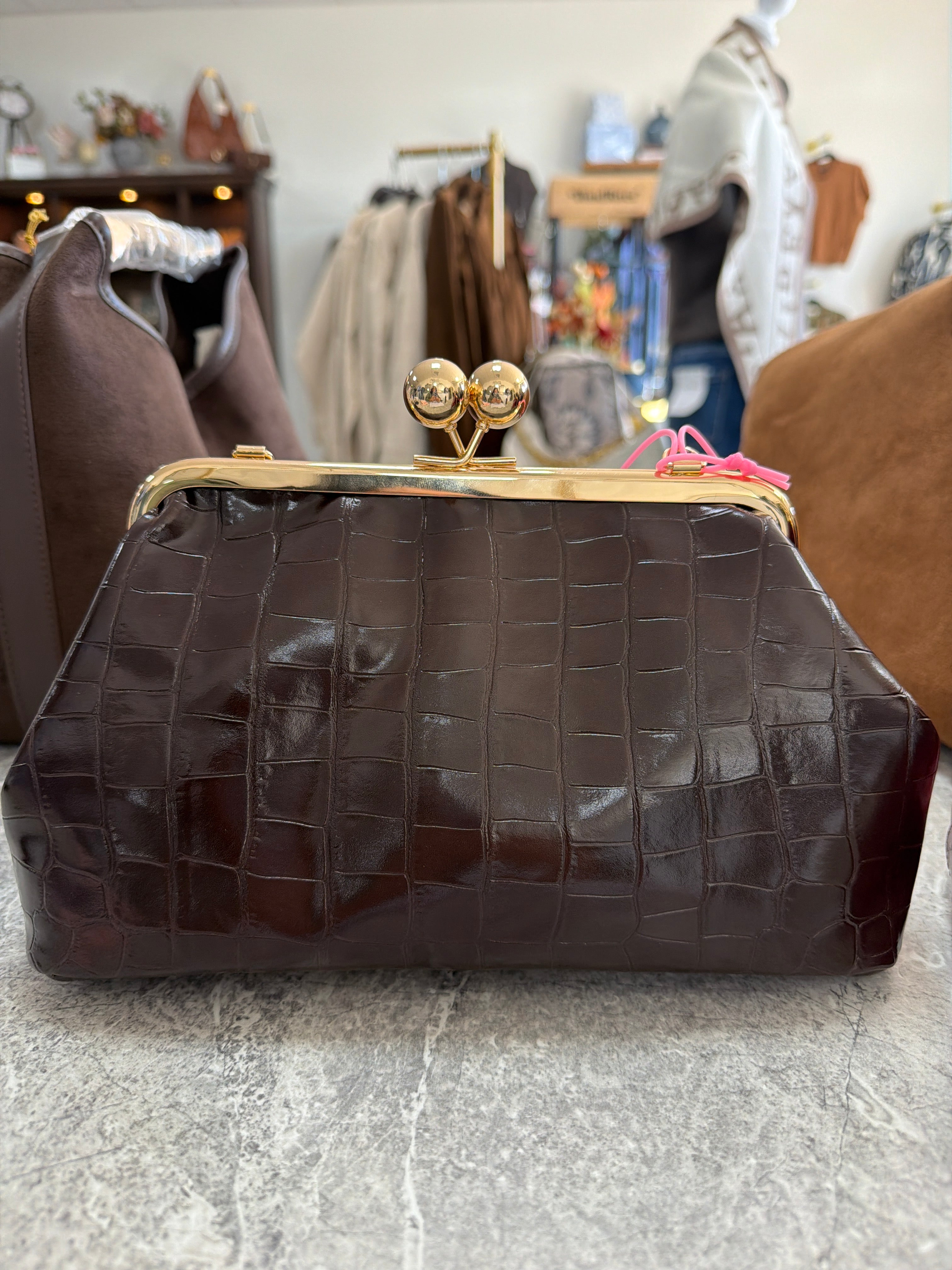 Vegan leather Croc-Embossed Kiss-Lock Clutch