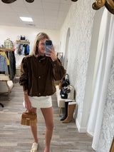 Dark Brown Gathered Hem Bomber Jacket