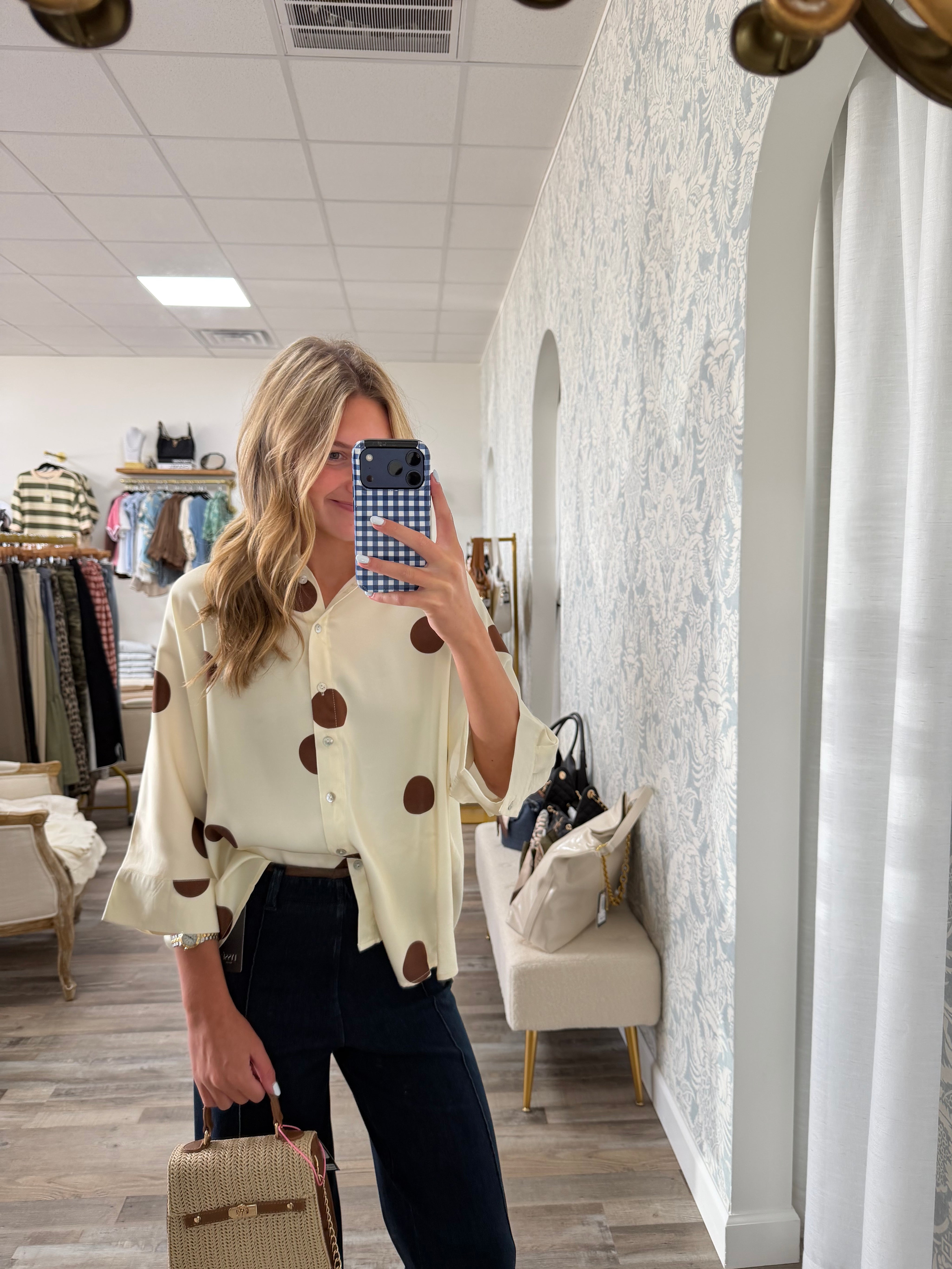 Cream Polka Dot Button Down Top