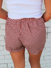 Gingham Print Shorts High Waist Elastic Casual Summer