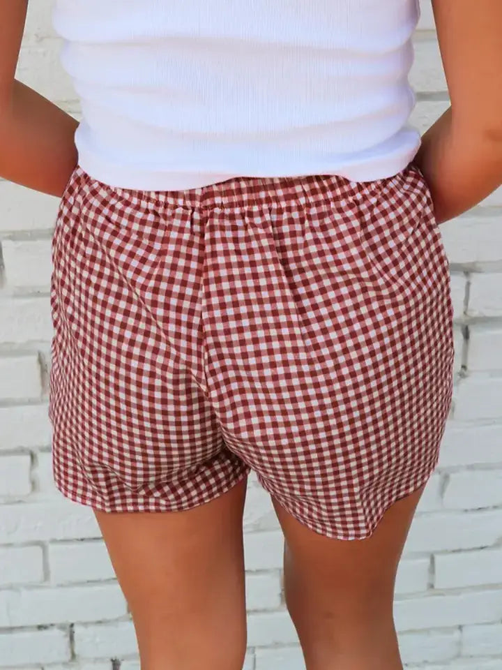 Gingham Print Shorts High Waist Elastic Casual Summer