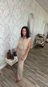 Tan wide-leg pants set with drawstring waist