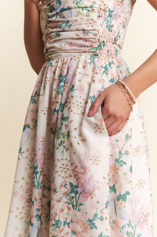 Vivian Floral Print Eyelet Strapless Midi Dress