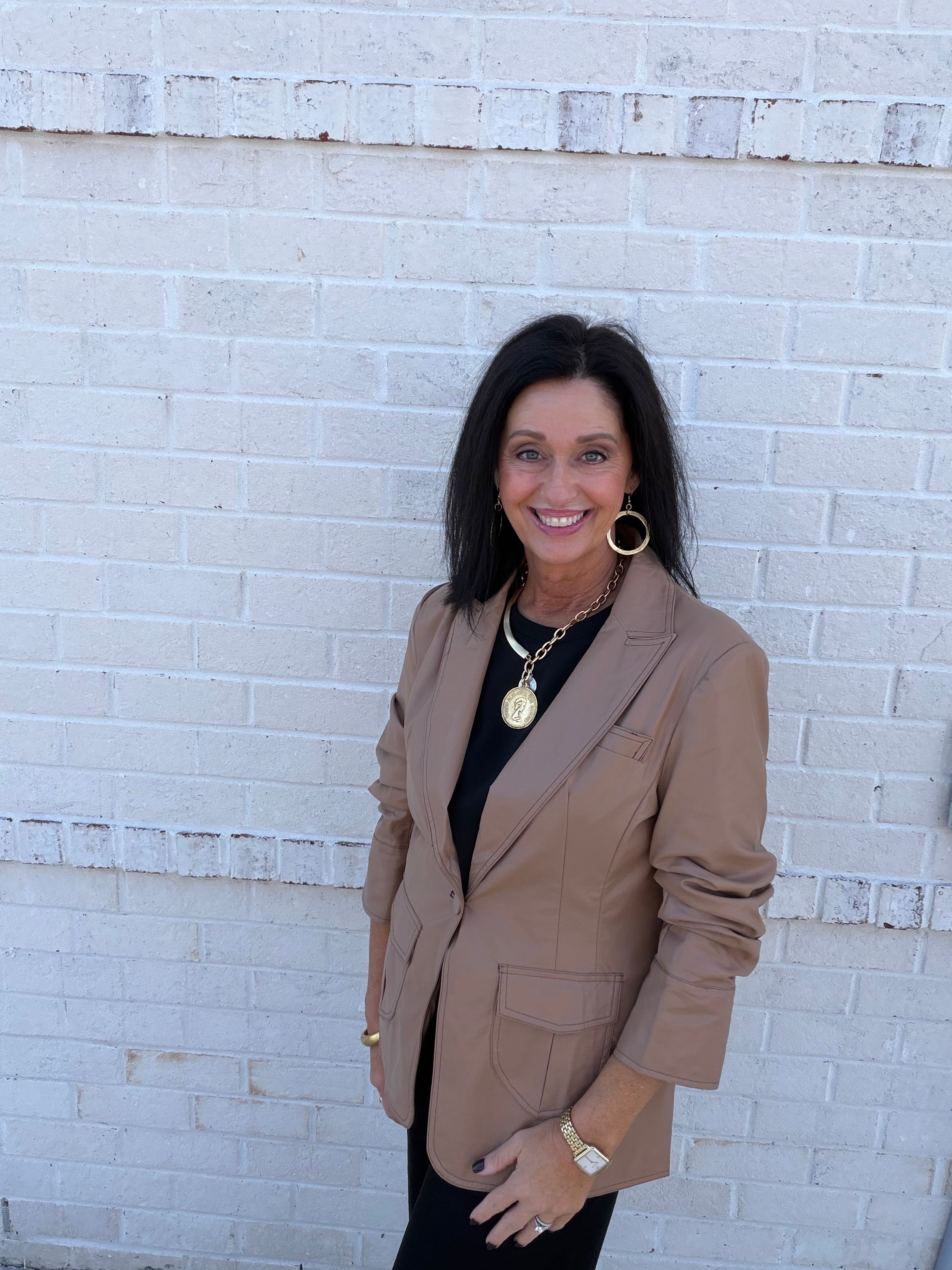 Ruched Sleeve Faux Leather Blazer