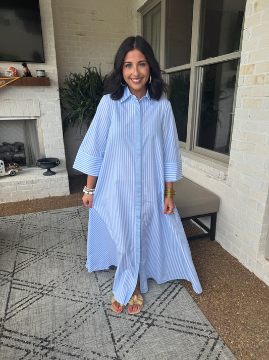 Sweet Caroline Blue Striped Maxi Shirt Dress