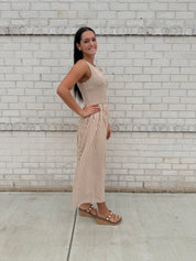 Cream/brown stripe sleeveless dress