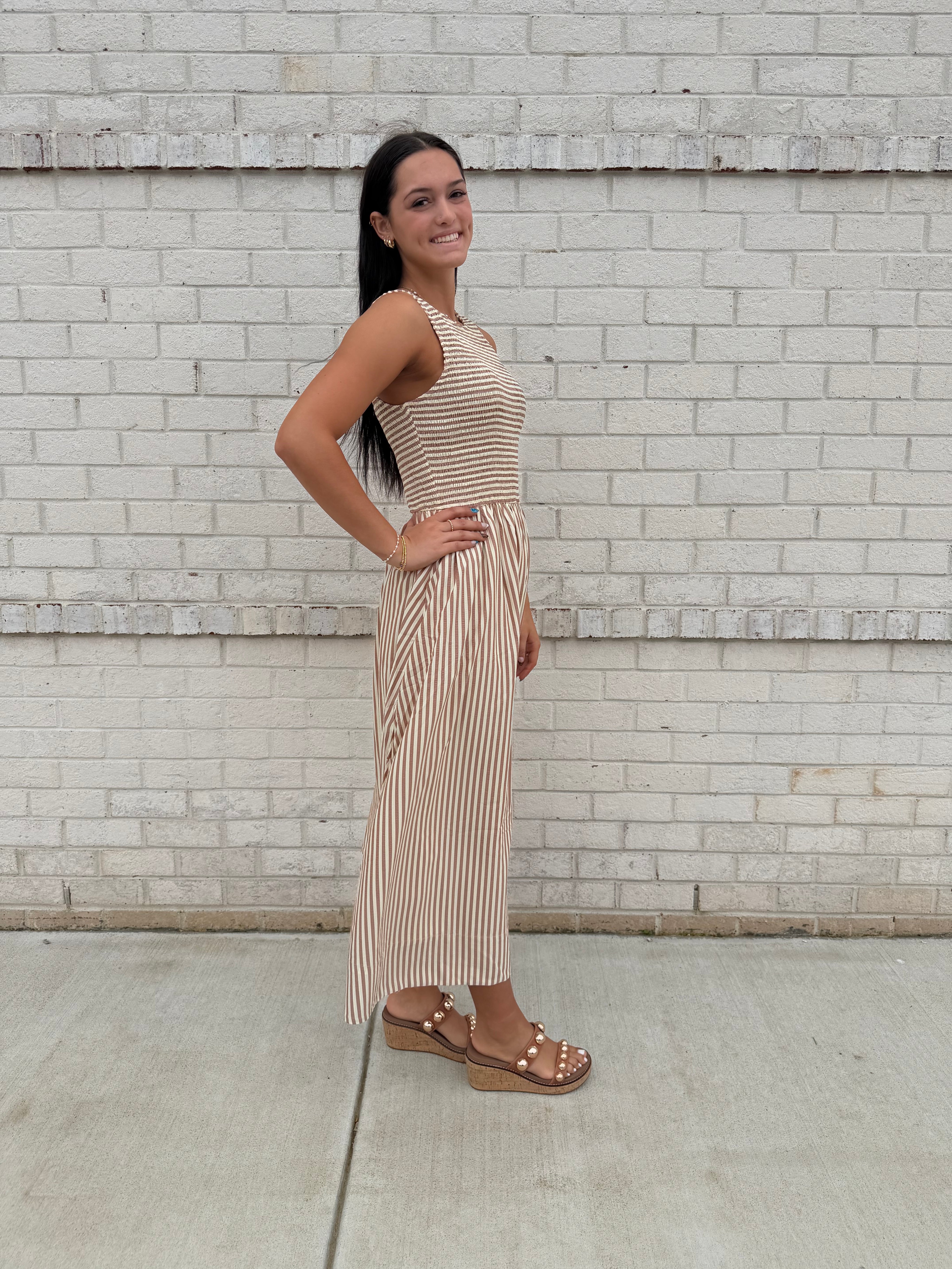 Cream/brown stripe sleeveless dress