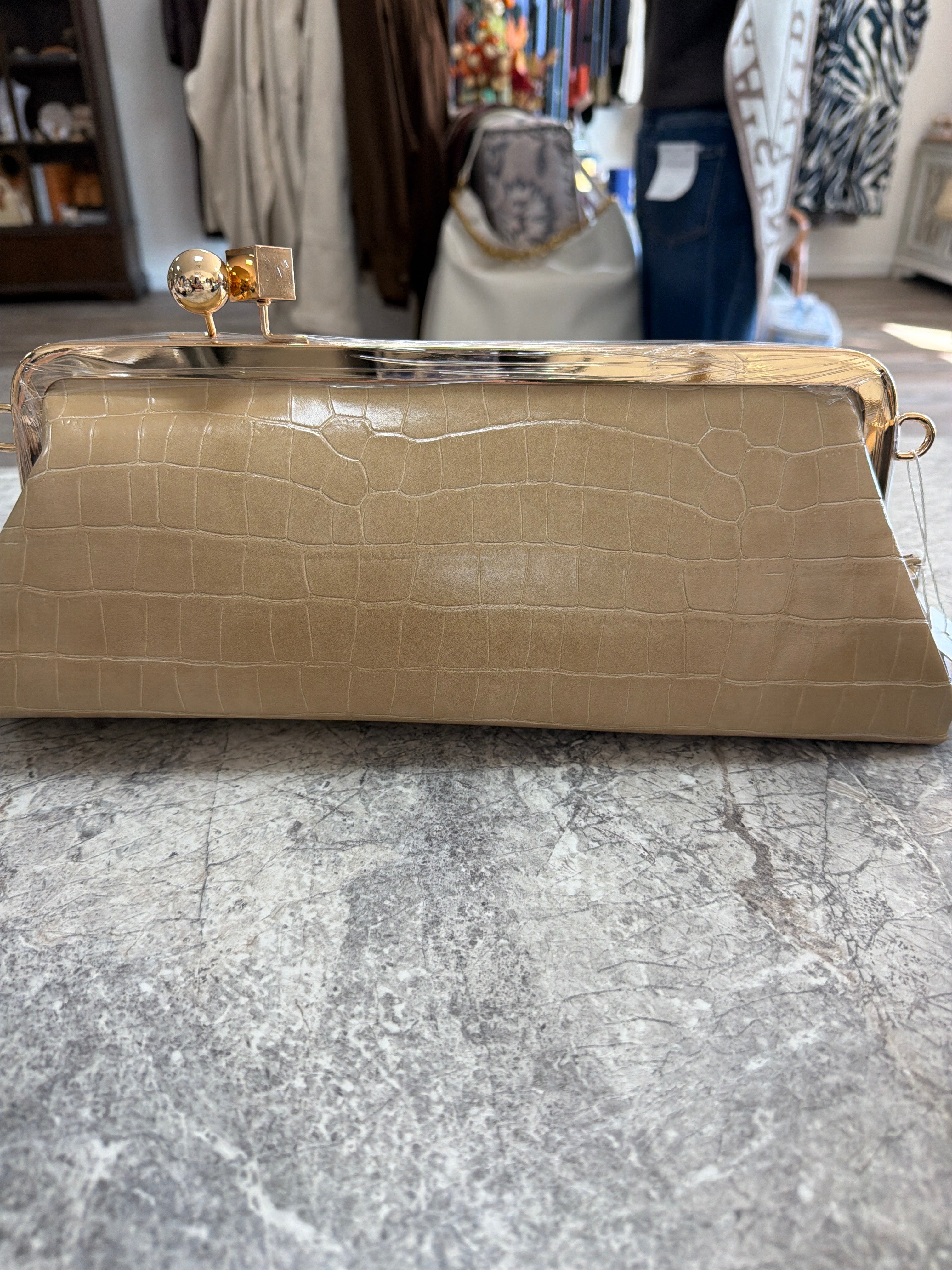 Trapezoid Kiss Lock Crock Clutch Bag