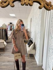 Karlie Mocha Stripe Puff Sleeve Dress