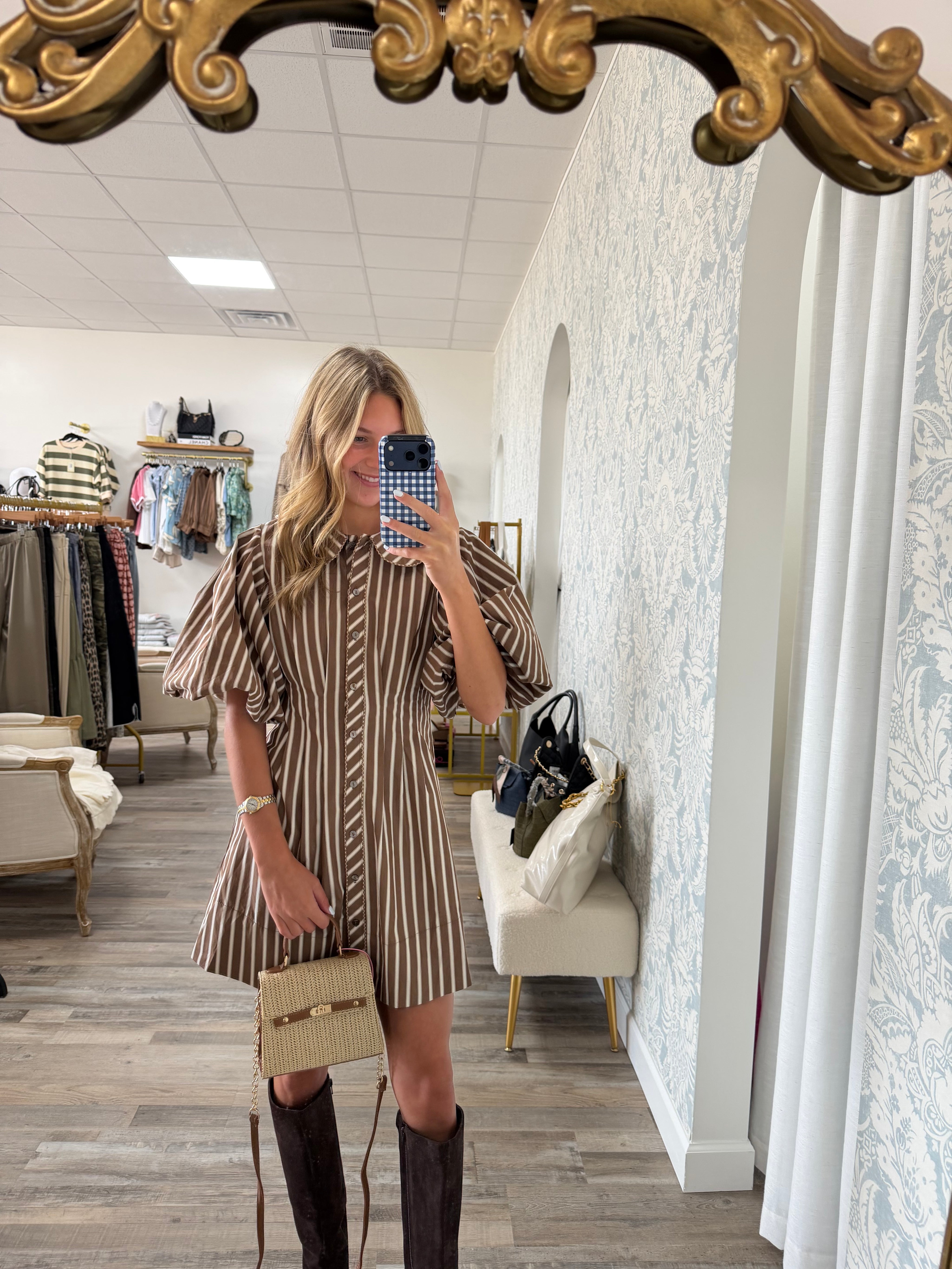 Karlie Mocha Stripe Puff Sleeve Dress
