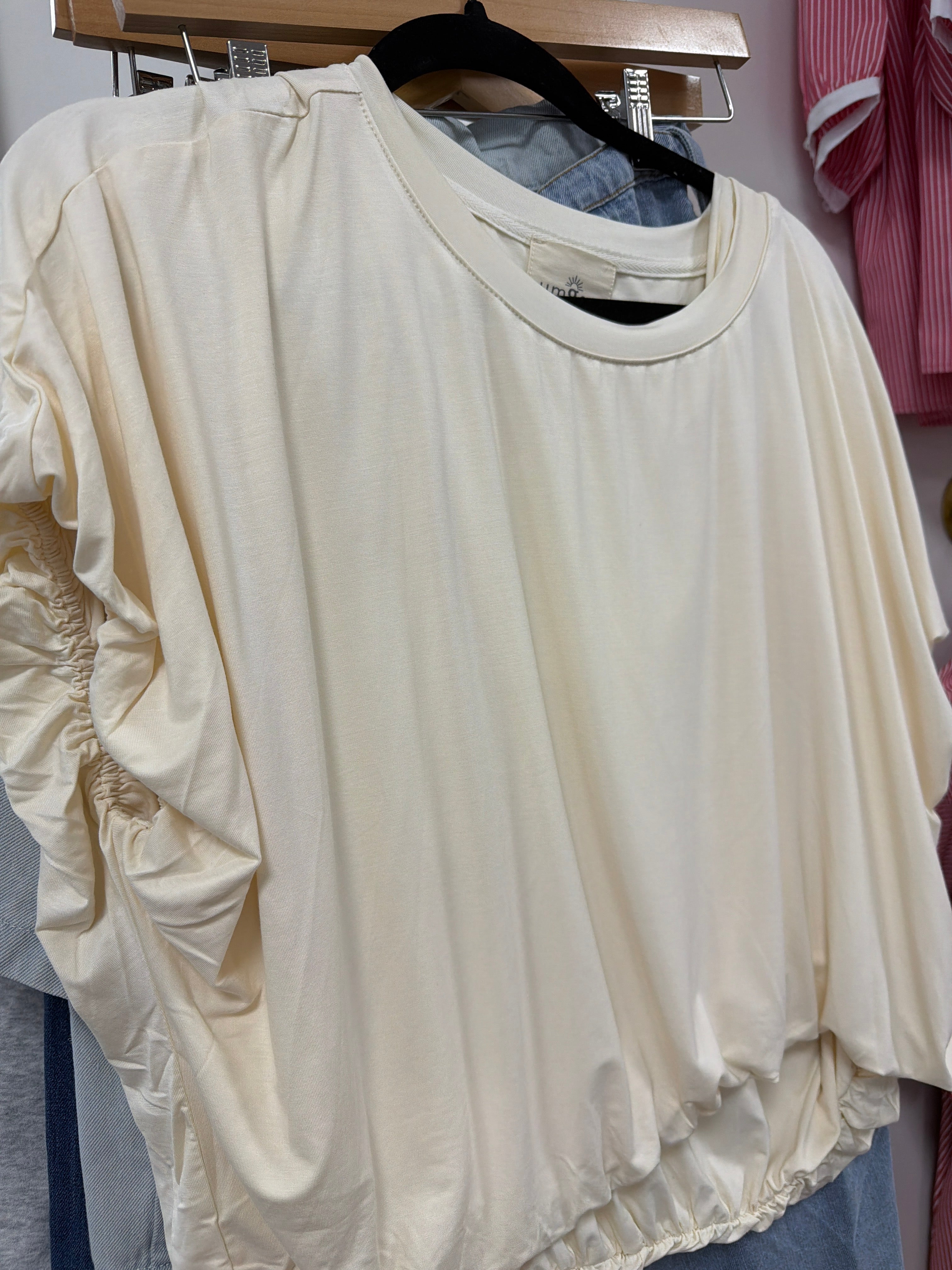 Bamboo fiber top with bubble waist and sleeves