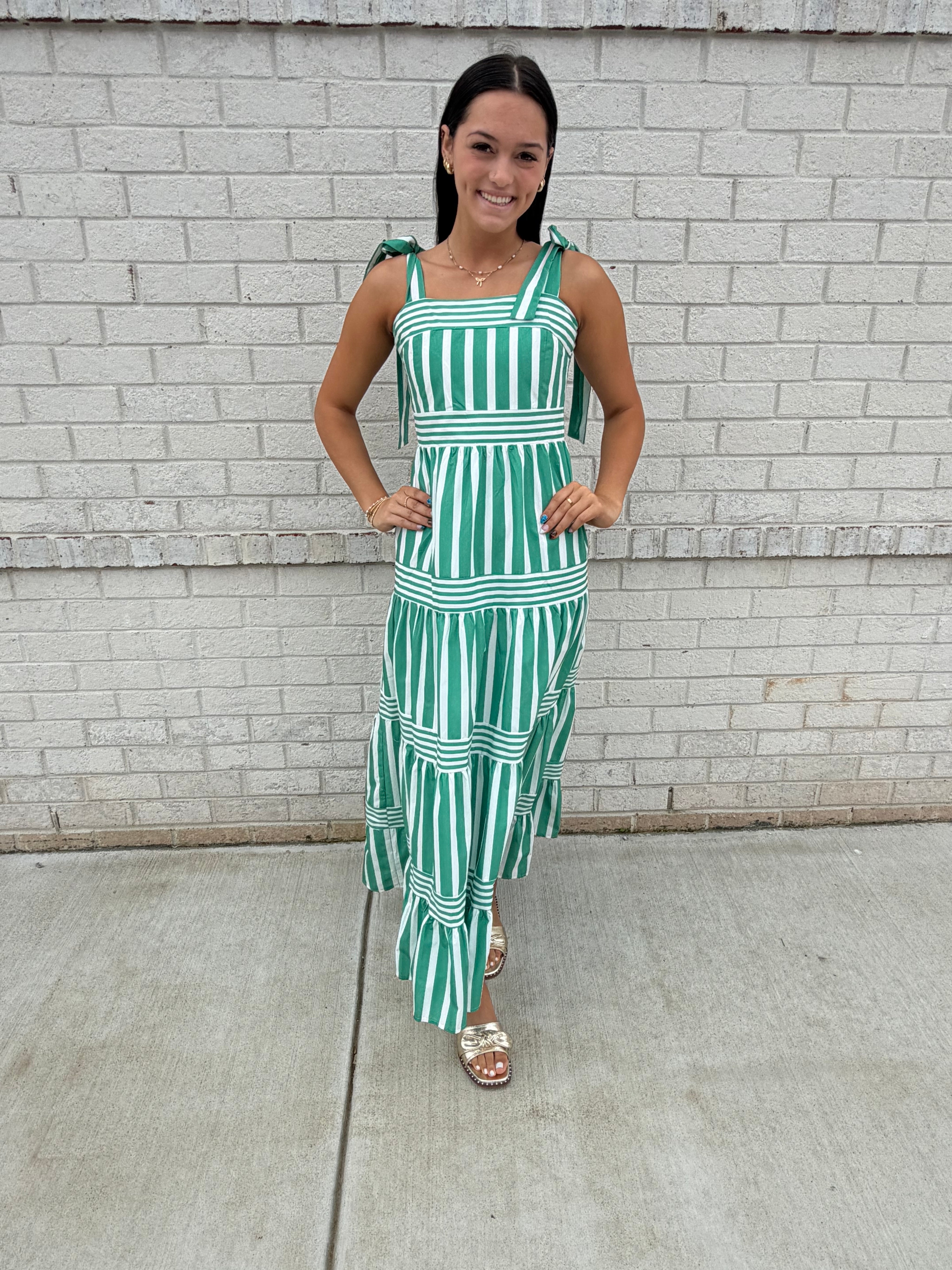 Green stripe maxi dress with shoulder ties