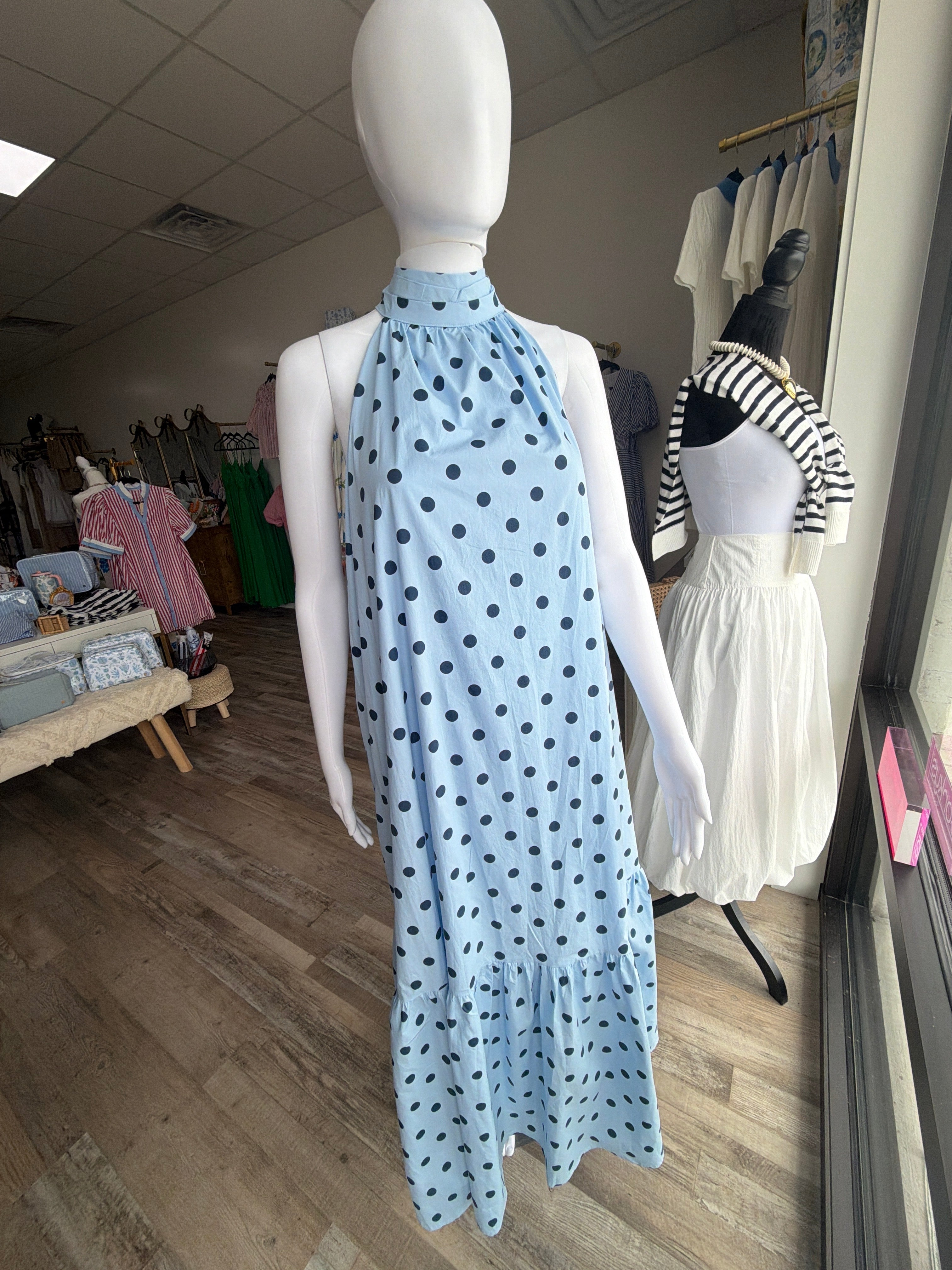 Blue polka dot cotton maxi dress