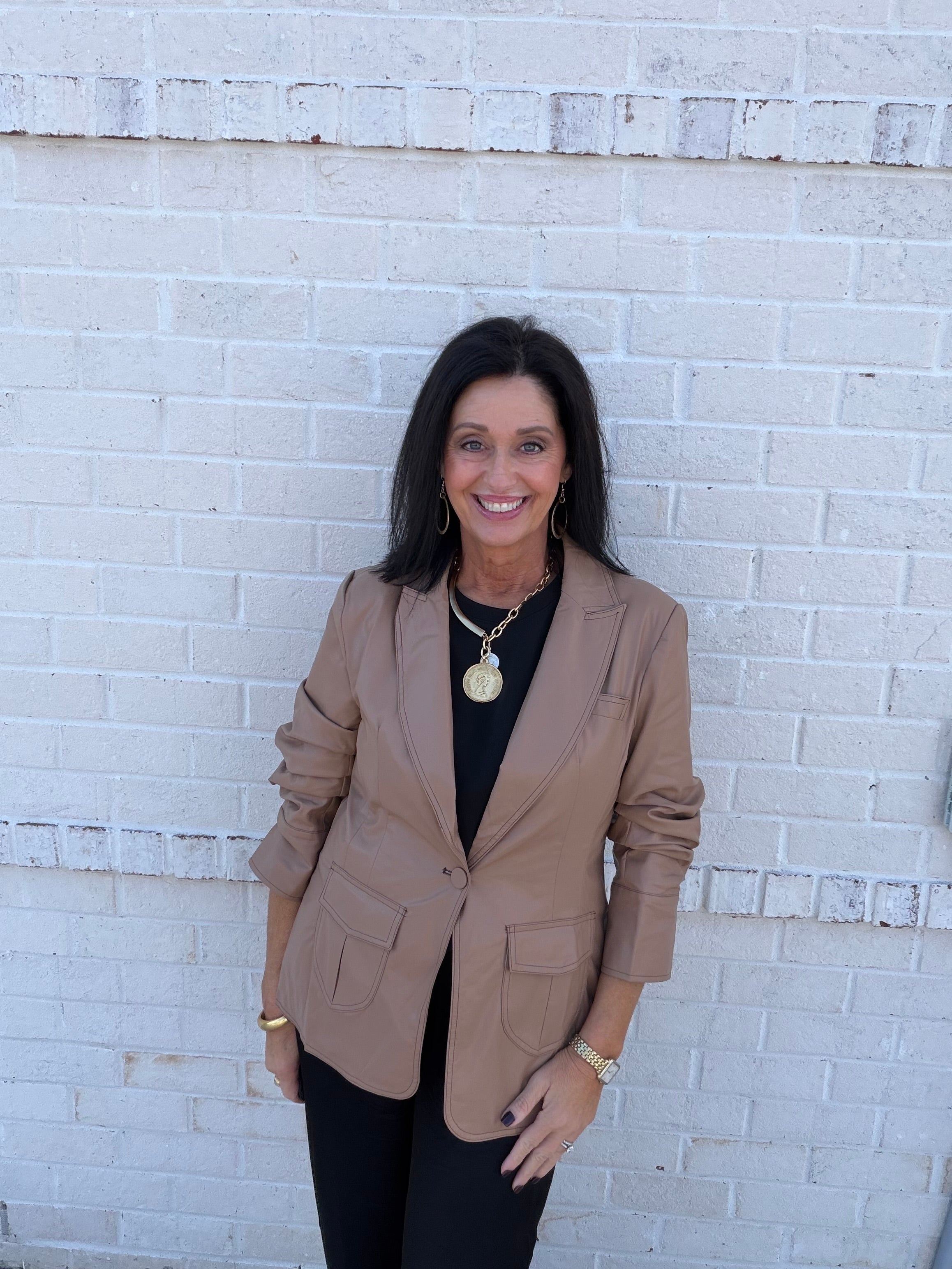 Ruched Sleeve Faux Leather Blazer