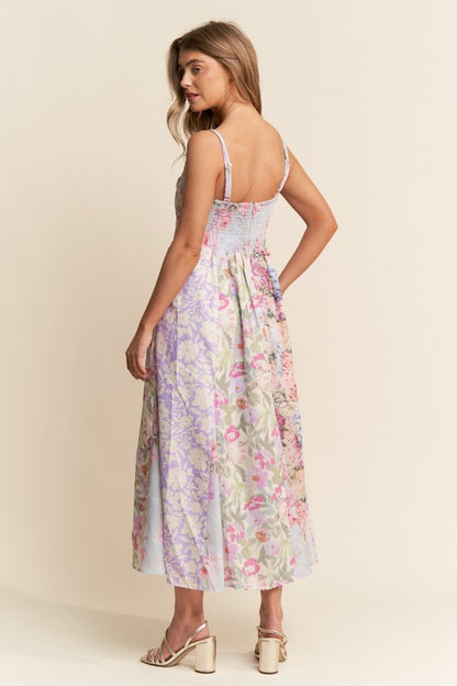 Garden Party Patchwork Floral Maxi Dress with Spaghetti Straps