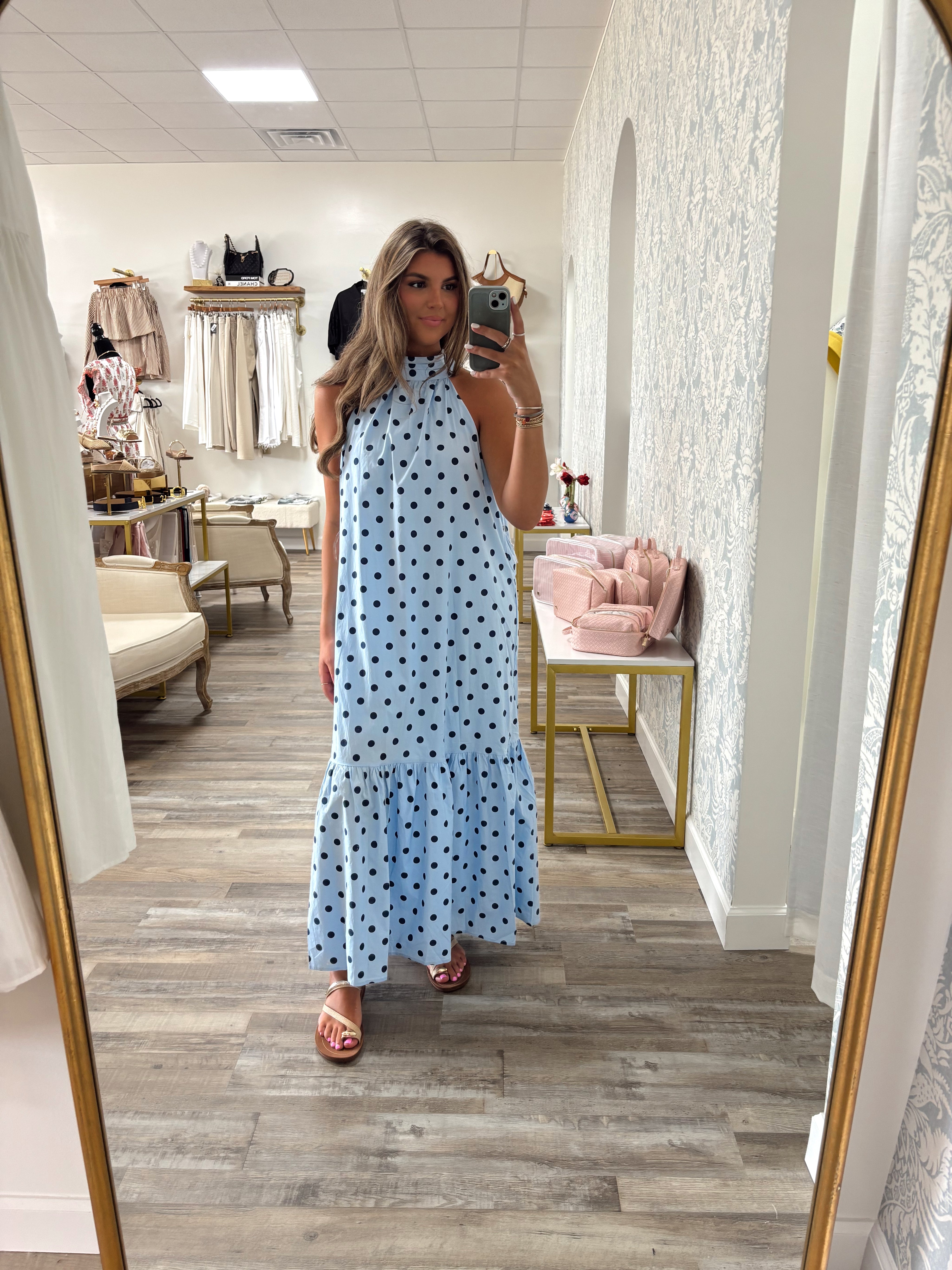 Blue polka dot cotton maxi dress