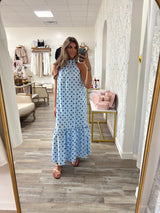 Blue polka dot cotton maxi dress